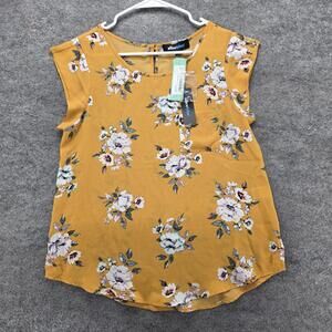 Alice Blue Blouse Womens XS Yellow Floral Chiffon Cap Sleeve Pocket Round Neck